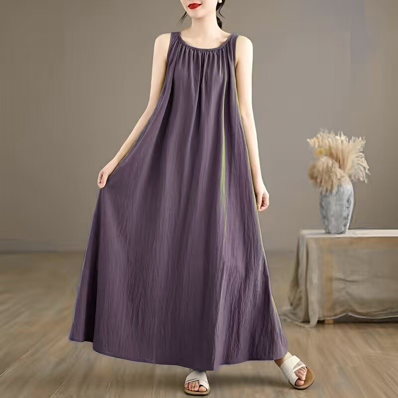 Cotton Linen Vestigus Dress Women's New Artistic Vintage dress 2024 Summer Loose Sleeveless Pleated Slim Look Long Dress