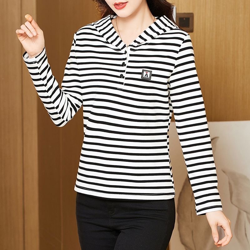ZM830 Women's Hooded Top, New Spring/Autumn Style, Pure Cotton, Slimming, Versatile Striped Long-Sleeved Base Layer
