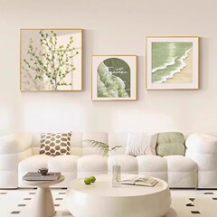 北欧客厅三联装饰画绿植正方形组合沙发背景墙挂画奶油风餐厅壁画