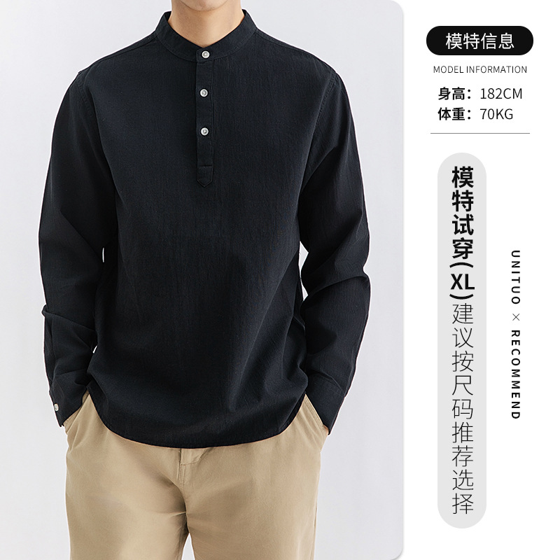 Nuevo estilo chino de hombre Waffle Henry camisa de cuello hombre sensación de alto cuello casual camisa de hombre de manga larga camiseta