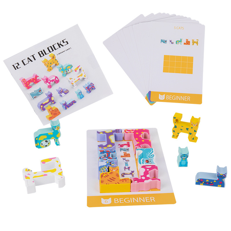 Gatos de madera para niños 12 bloques de granos de construcción de bloques de jardín de infantes Educación temprana inteligencia agarrar juegos de rompecabezas juguetes al por mayor