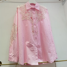 欧货2025秋装新款轻奢重工镂空刺绣烫钻长袖衬衫女中长款上衣