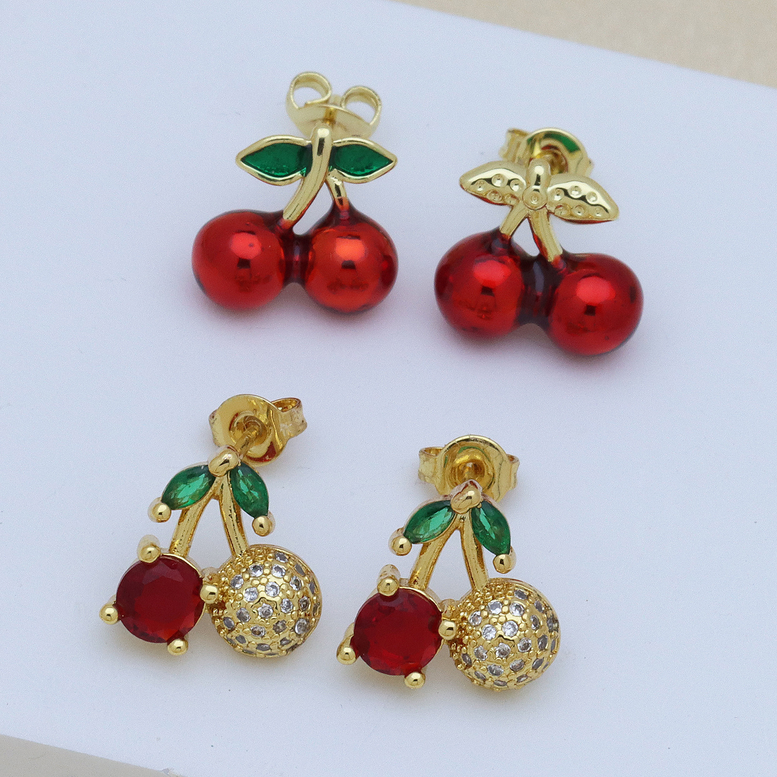 7g Weight Brass Ear Needle Material Zircon Inlay Material Ear Studs Classification 1 Pair Quantity Daily Occasion Copper Material Cherry, Strawberry Pattern Women's Gender Enamel, Inlay Design Simple Style Style 1 Pair Simple Style Cherry Strawberry Enamel Inlay Copper Zircon Ear Studs 1