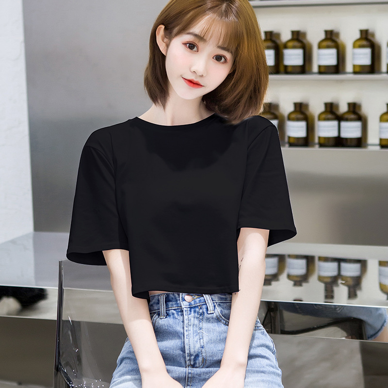 Black Cotton Loose Crewneck Navel Short-sleeved T-shirt Women's 2022 Spring New High Waist Short Women's Top