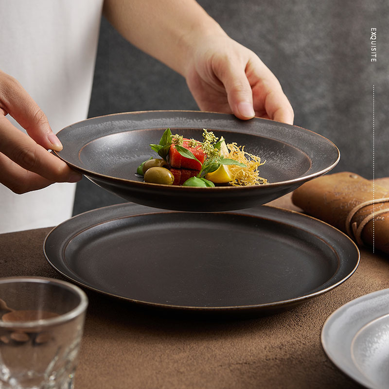 Placa profunda con borde Placa plana Placa de cerámica Placa de carne de pasta occidental minimalista nórdico Placa de verduras Placa de comida casera de alta gama