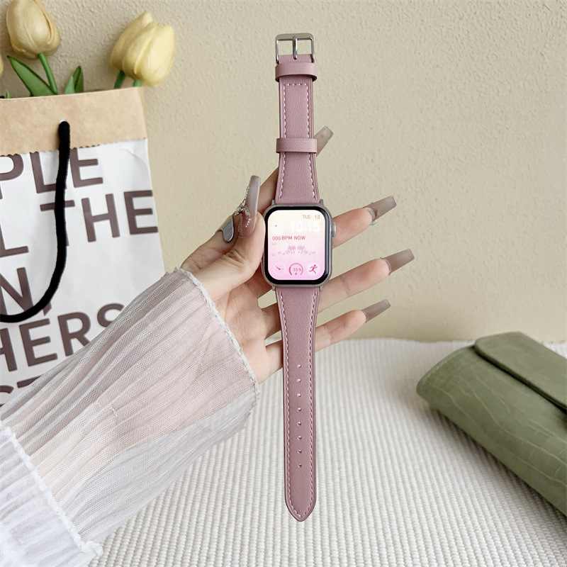 Applicable to Apple 44mm Watch with Applewatch S10V Tail Same Color Line Plain Leather iwatch46mm Watch