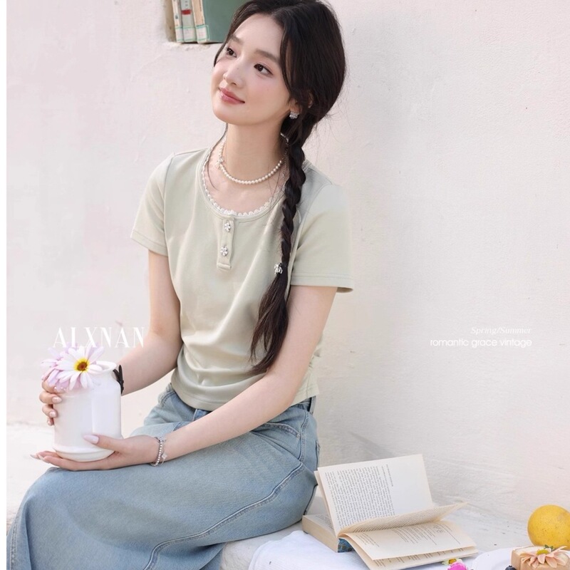 Cross-Border Foreign Trade【Laiya 1×1 Customizable】Green Lace T-Shirt for Women, Short-Sleeved, 2026 Summer Style, Irregular Design Cross-Border Foreign Trade【Laiya 1×1 Customizable】Green Lace T-Shirt for Women, Short-Sleeved, 2026 Summer Style, Irregular Design
