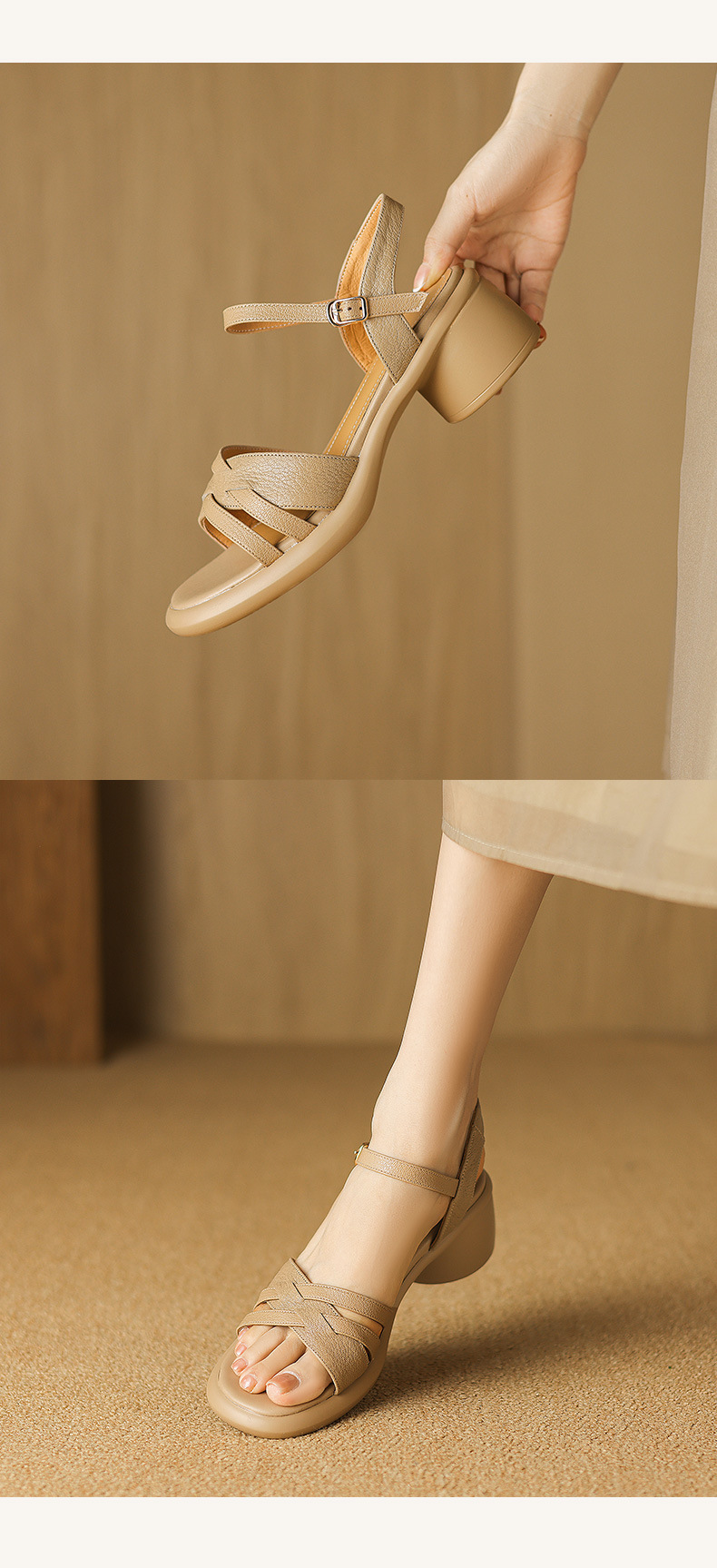 Sandal nữ quai ngang hở mũi da cừu đế dày gót thô 7 cm — Màu trắng be chi tiết 11