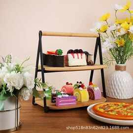 竹木双层置物架可手提铁木结合水果架聚会派对展示架甜品点心架