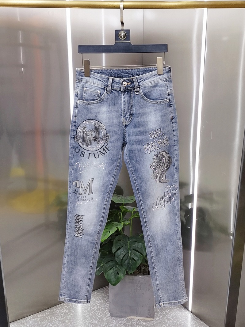 2023 Spring/Summer Jeans Men's Heavy Industry Hot Diamond Printing Fashion Brand Handsome Casual Slim Fit Small Foot_voghion.com