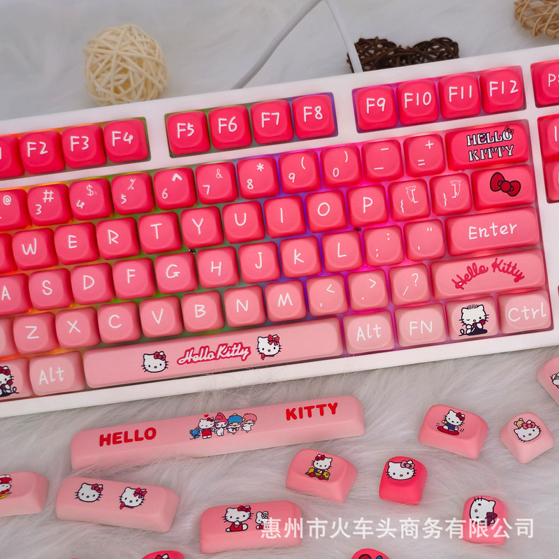 ハローキティテーマグラデーションMOA非常にかわいい漫画キーボードキャップ129個の小さなフルセット女の子のための高価値|undefined