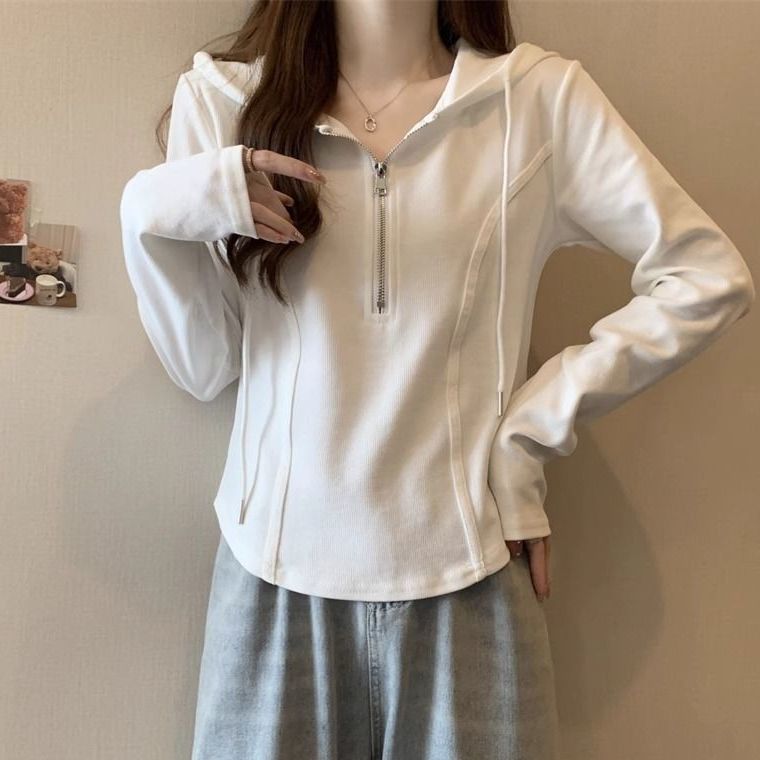 带帽卫衣女春秋新款法式长袖t恤女打底衫内搭修身连帽春秋上衣女|undefined