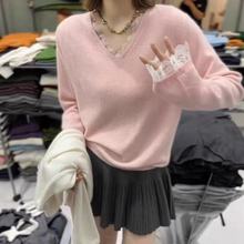 法式气质蕾丝拼接V领针织衫女秋冬超好看内搭毛衣喇叭袖打底上衣