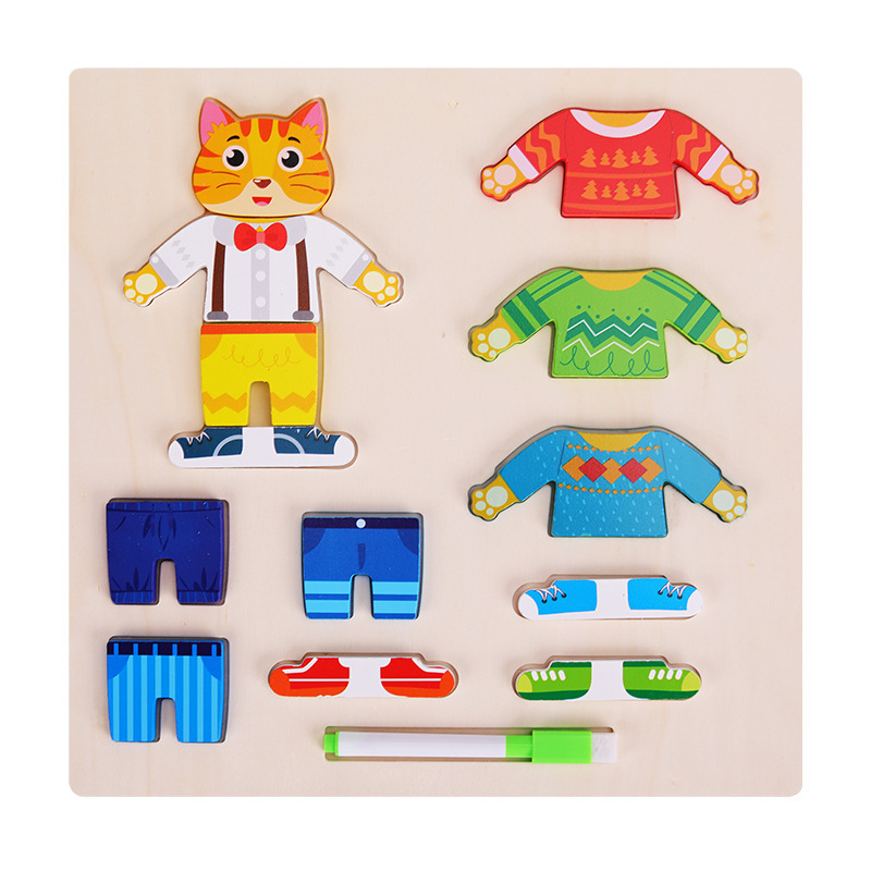 Personajes de madera para niños Vestir Tablero de dibujo de rompecabezas para niñas Tablero de escritura de graffiti Educación temprana Juguetes educativos al por mayor