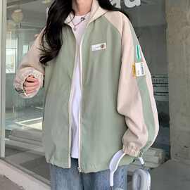 拼接棒球服外套少女春秋装新款初中高中学生宽松休闲连帽夹克