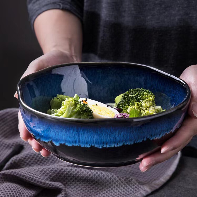 Japanese-style Household Blue Black Kiln-changing Ceramic Tableware Salah Bowl Fruit Bowl Dessert Bowl Special-shaped Creative Hotel Bowl