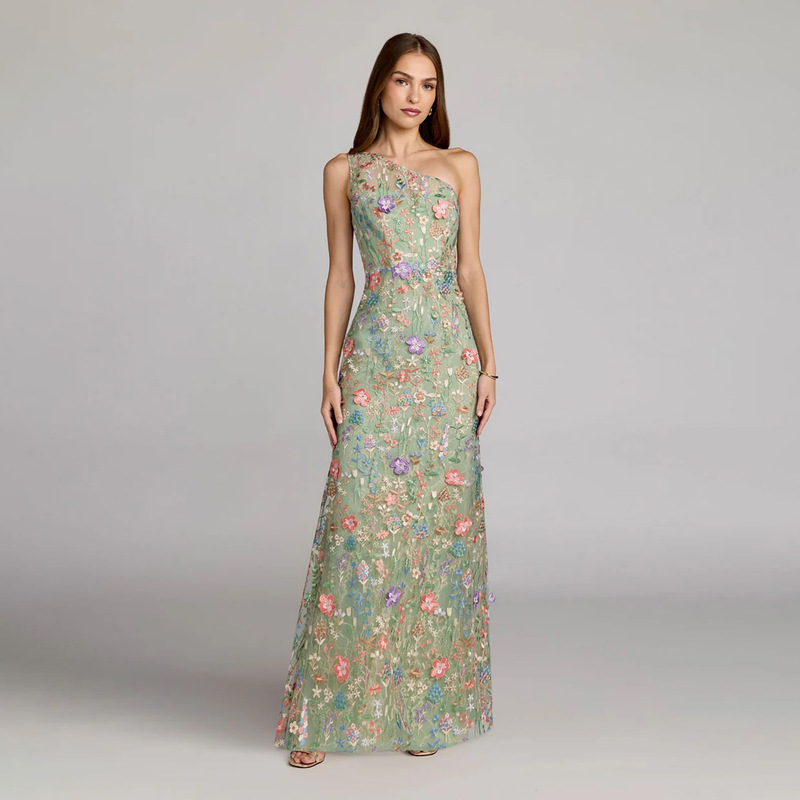 New cross-border French-style asymmetrical neck one-shoulder dress with floral embroidery, mesh fishtail evening gown, slim fit, high-end elegance