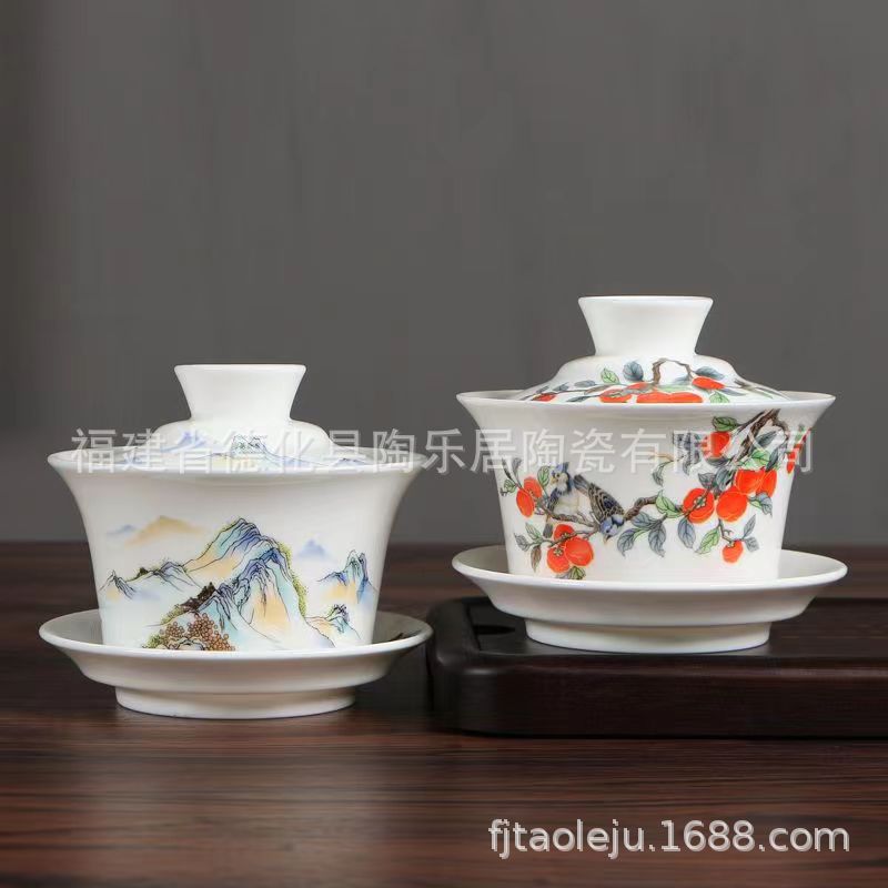 陶瓷超大号羊脂玉盖碗养生八宝家用陶瓷茶具茶碗单个白瓷三才盖碗