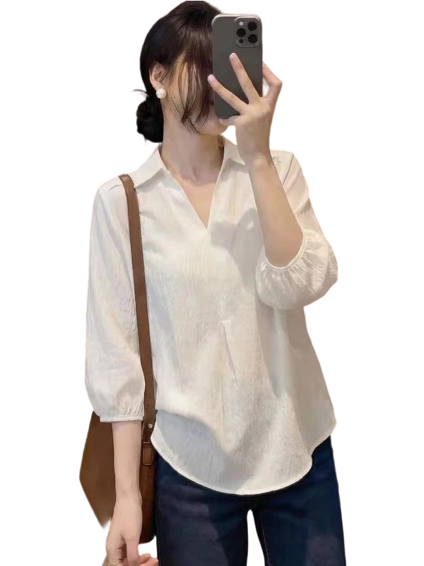 Áo sơ mi nữ tay ngắn cổ V phom rộng thiết kế đơn giản — màu đen