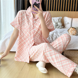 Pajamas for Women Summer Woven Bubble Cotton Wrinkled Cloth ins Cute Pink Plaid Short-sleeved Summer Thin Home Wear Set