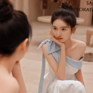 White one-shoulder small evening dress dress women's engagement birthday party usually wear light luxury niche high-end art candidates