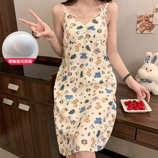 New Summer Detachable Breast Pad Nightgown for Girls Korean Style Sweet Suspender Bubble Cotton Mid-length Can Be Worn Outside Home Clothes