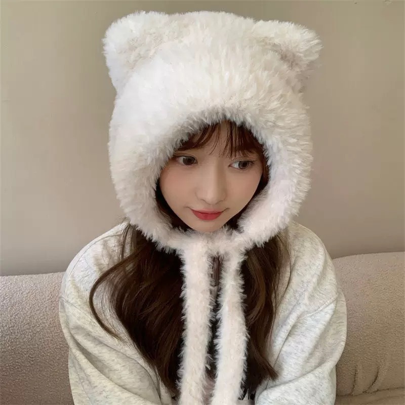 韩版可爱小羊毛绒帽子女秋冬季保暖绑带针织护耳帽百搭套头雷锋帽|undefined