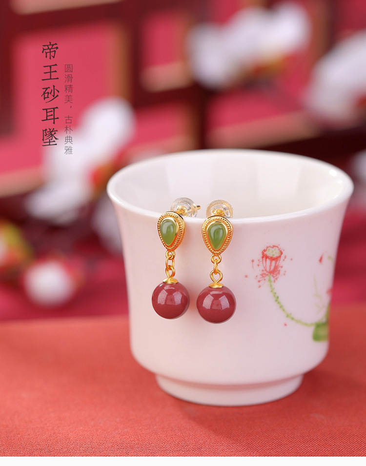 Khuyên tai nữ bạc S925 mạ vàng đính đá jasper hạt tròn hình giọt nước — Một cặp chi tiết 2