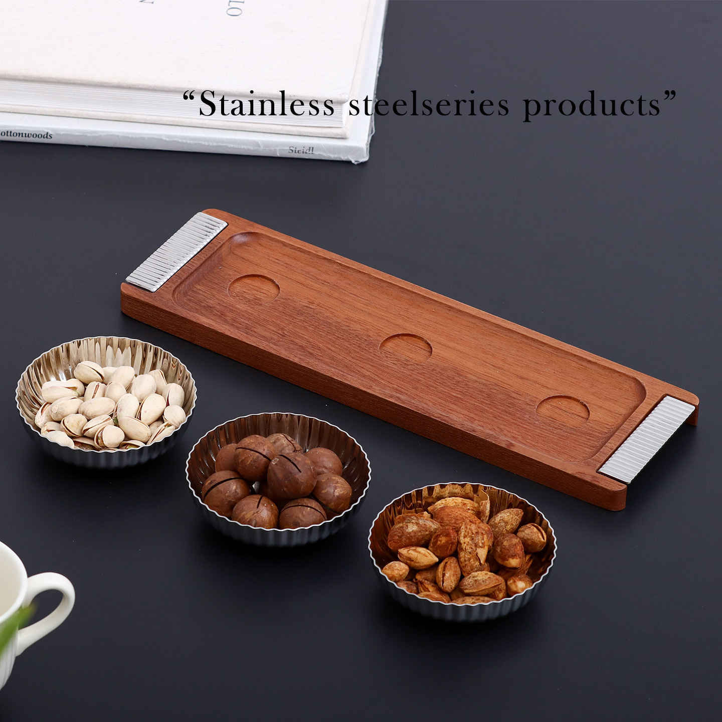 Productos explosivos transfronterizos lujosos Shabili madera sólida acero inoxidable bocadillos frutas secas refrigerios bandeja de té decoración de mesa