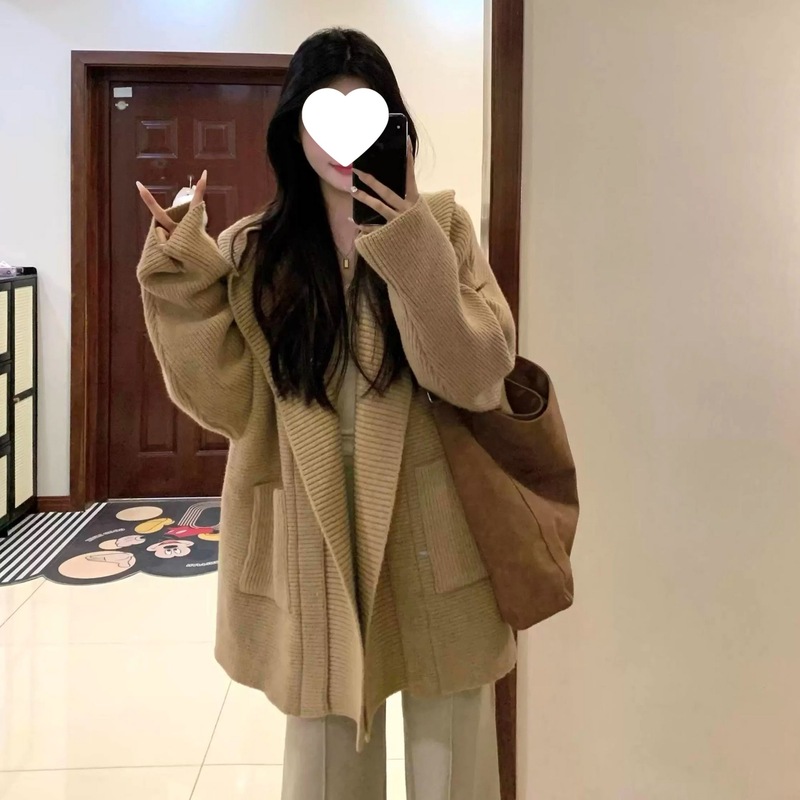 慵懒风宽松休闲针织开衫女秋冬加厚保暖气质百搭中长款毛衣外套|undefined