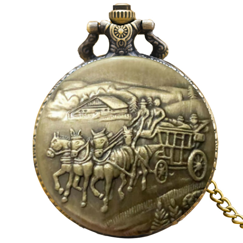 Venta al por mayor Nuevo bronce retro nostálgico tres carruajes de tres cabezas Carro de dos cabezas caballo gran reloj de bolsillo al por mayor