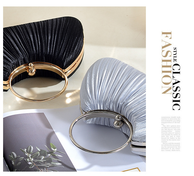 Túi clutch dạ tiệc satin xếp ly hình vòng tròn, phong cách sườn xám, có dây đeo chéo — Màu mơ, Màu trắng, Màu bạc, Màu hồng chi tiết 5