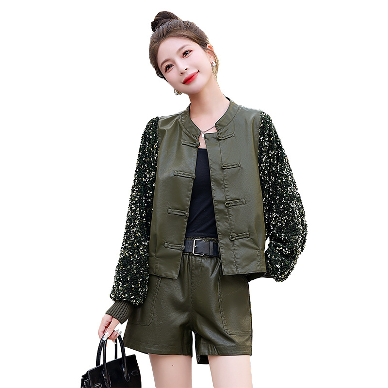 Fashion suit 2024 spring new elegant velvet stitching washed leather coat + leather pants two-piece HM5151