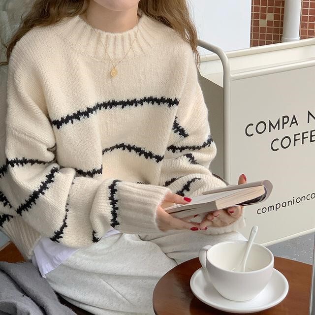 Vintage Japanese-Style Lazy Loose Sweater for Women, Thick Autumn/Winter 2026 New Model, Long-Sleeve Striped Half-Turtleneck Knitwear