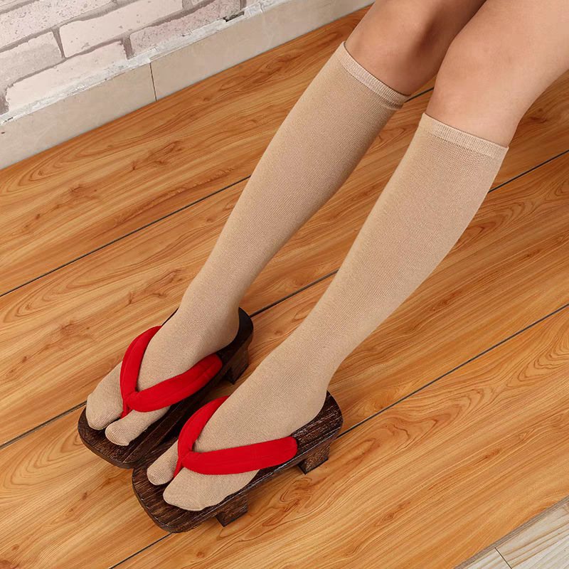 Venta al por mayor calcetines de media longitud de dos dedos calcetines de becerro calcetines de dedo de color sólido blanco y negro calcetines de madera alargados de media pantorrilla calcetines de Kimono de anime image 10