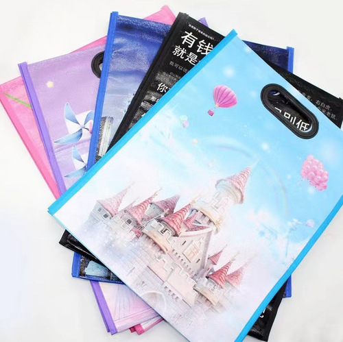 Non-woven student tutoring bag Oxford cartoon color printed bag flat mouth punched zipper handbag wholesale