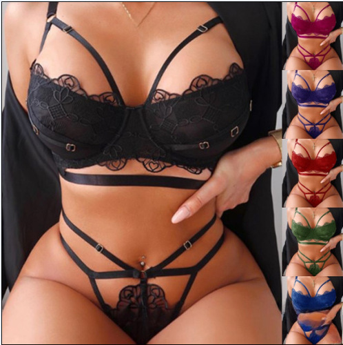 Spring New Sexy Water-Soluble Fashion Lace Edge Underwear Strap Three-Piece Set