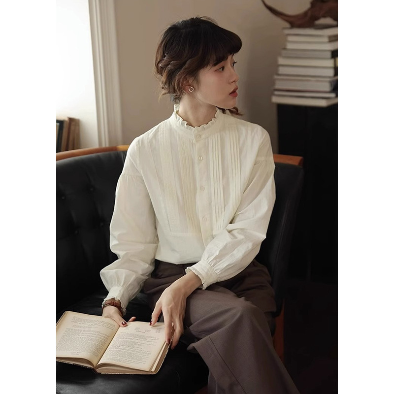 Women's Autumn and Winter French Style Retro Collar Long-sleeved Design Pleated Top with Sweet Court Style Wood-ear Blouse