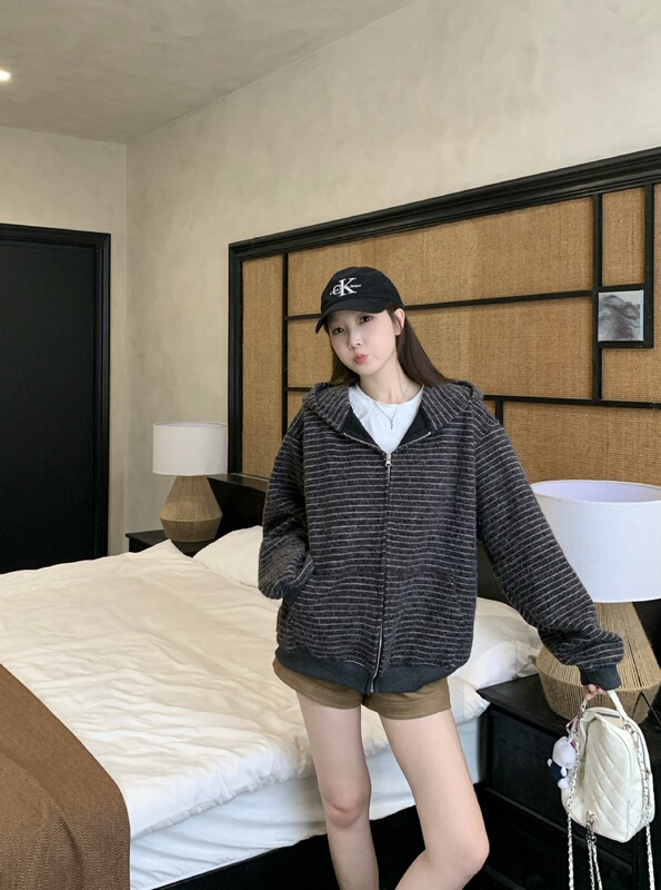 大码胖MM秋季美式复古慵懒风宽松条纹开衫连帽休闲长袖外套|undefined