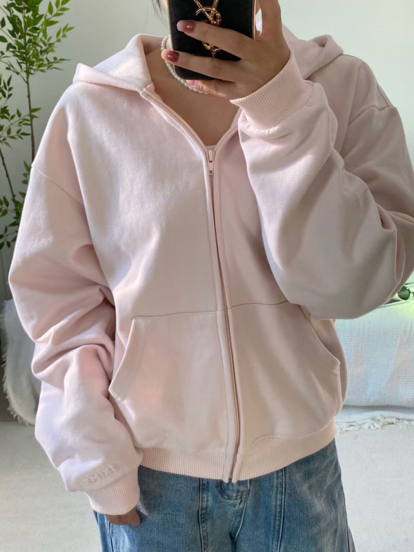 skims卡戴珊粉色休闲运动服外套时尚慵懒风拉链连帽薄绒外套卫衣|undefined