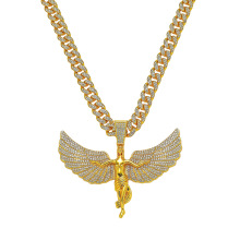 欧美跨境新款个性男士满钻链条嘻哈风夸大天使翅膀吊坠项链