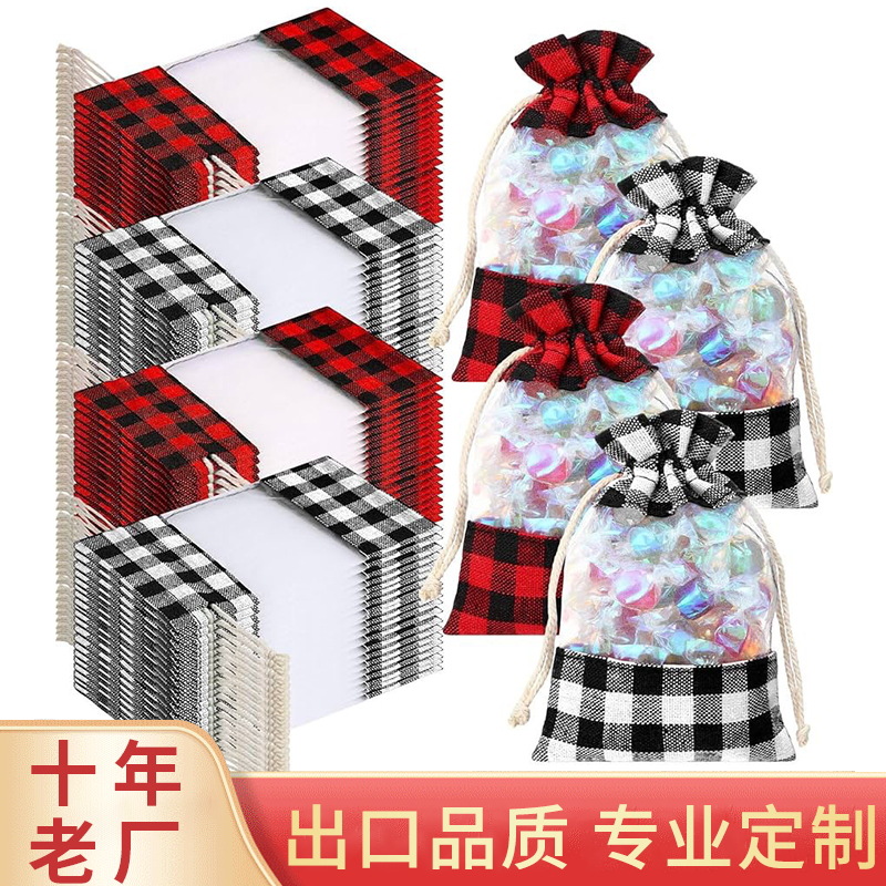 跨境直供圣诞开窗格子棉布束口袋网纱拼接抽绳糖果礼品袋现货爆款