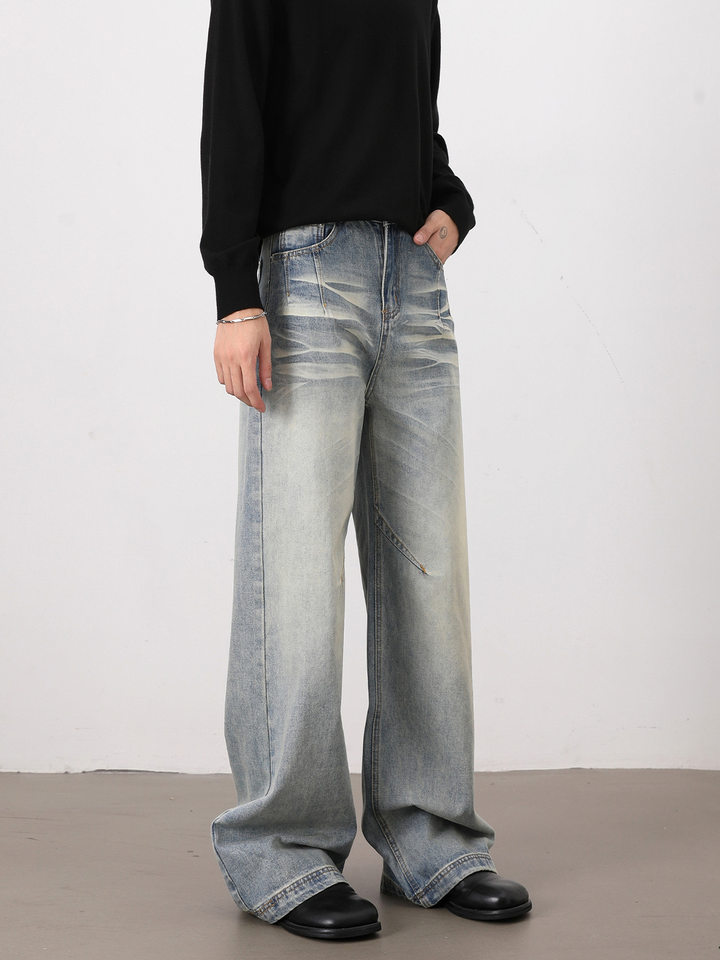 Quần jeans nam dáng rộng ống đứng phong cách high street, lưng vừa, dài ống, dễ phối đồ — Xanh nhạt