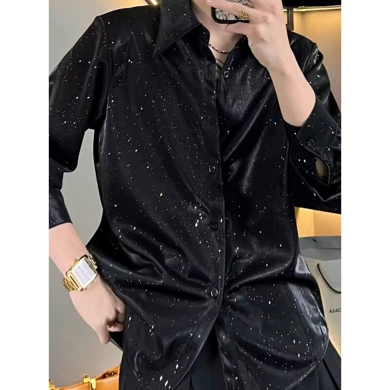 Trendy Black Long-Sleeve Shirt for Men with a Minimalist Style, Featuring a Starry Sky Design and Gold Foil Accents, Loose Fit for Nightclubs, 2025