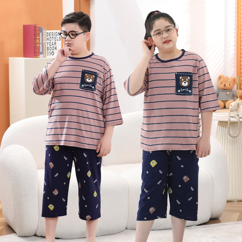 太った子供服の男の子の大きいサイズの夏服の薄いタイプのエアコンの服は肥えて家の服の青少年のパジャマの2セットのファッションを増加します。|undefined