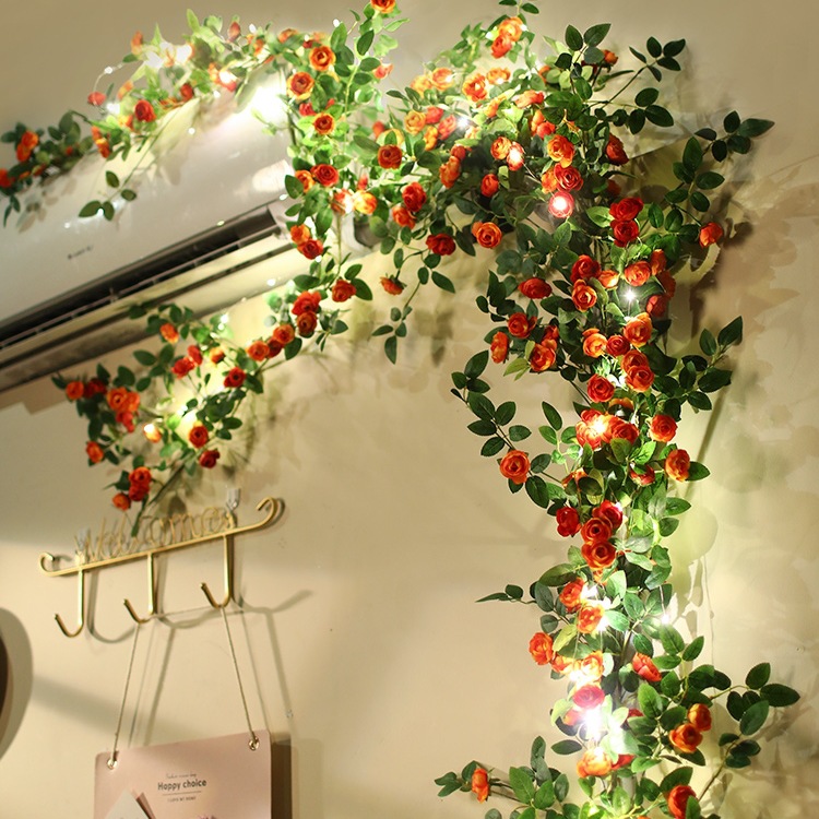 玫瑰花藤条室内空调管子遮挡装饰水管道阳台墙面假花藤蔓缠绕