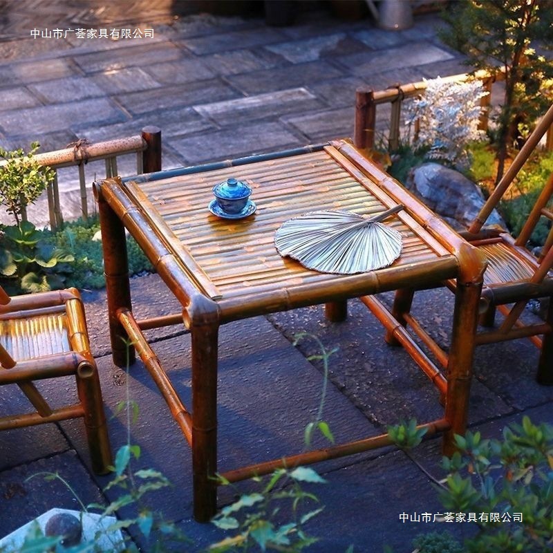 老式竹桌茶桌围炉煮茶组合野炊桌椅全套庭院茶几竹子复古民宿茶馆|undefined