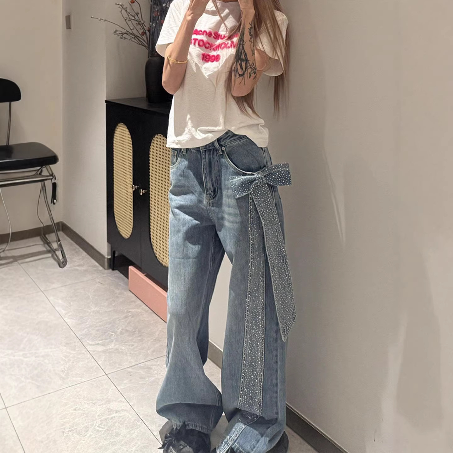 Women's Retro Style Rhinestone Bow Tie Denim Jeans Star Print Loose Fit Casual Long Pants For Spring And Autumn_voghion.com