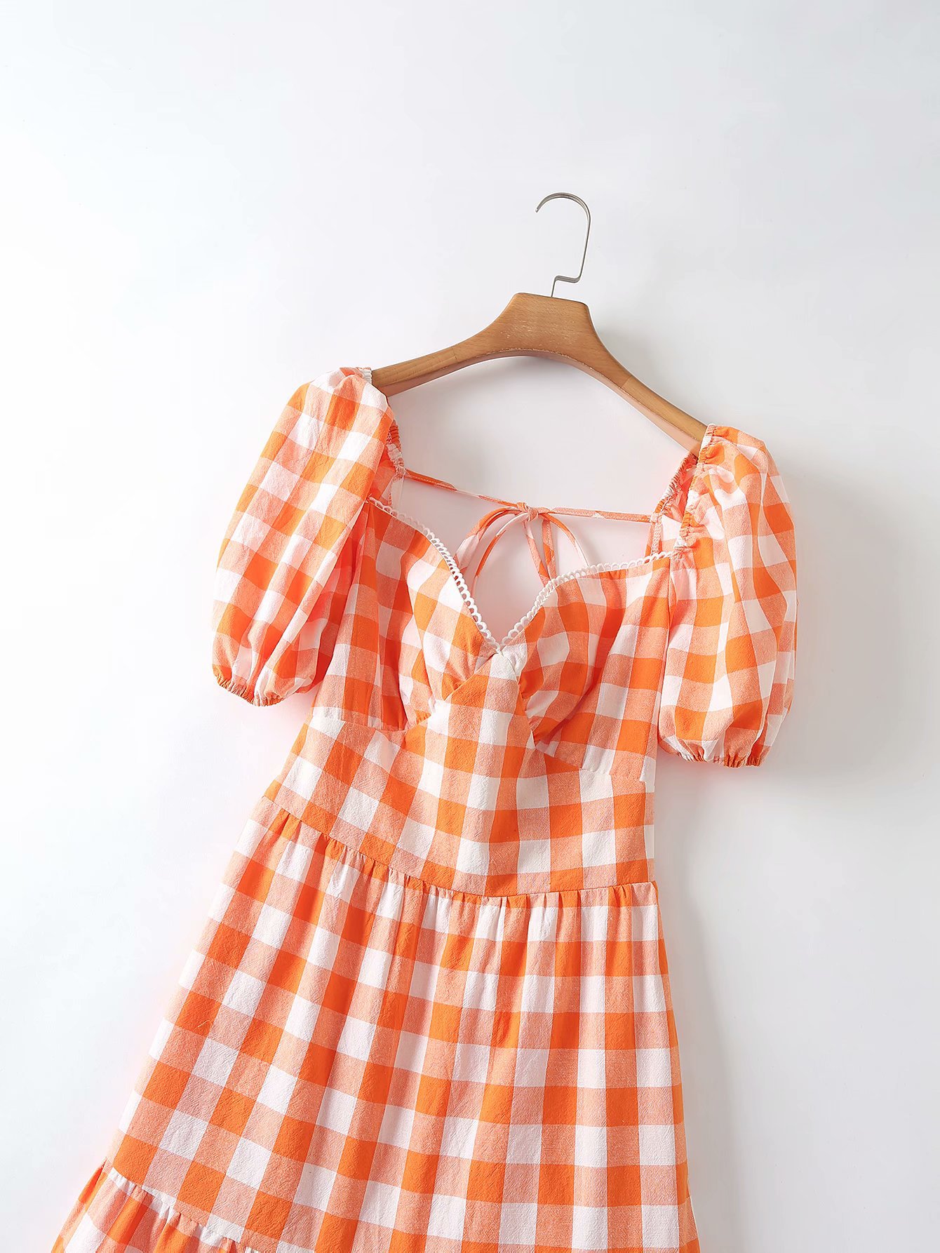 plaid puff sleeve open back carrot dress  NSAM29974