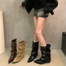【现货】辣妹皮带扣裤管靴短筒靴女靴2025早秋新款小众设计短靴西
